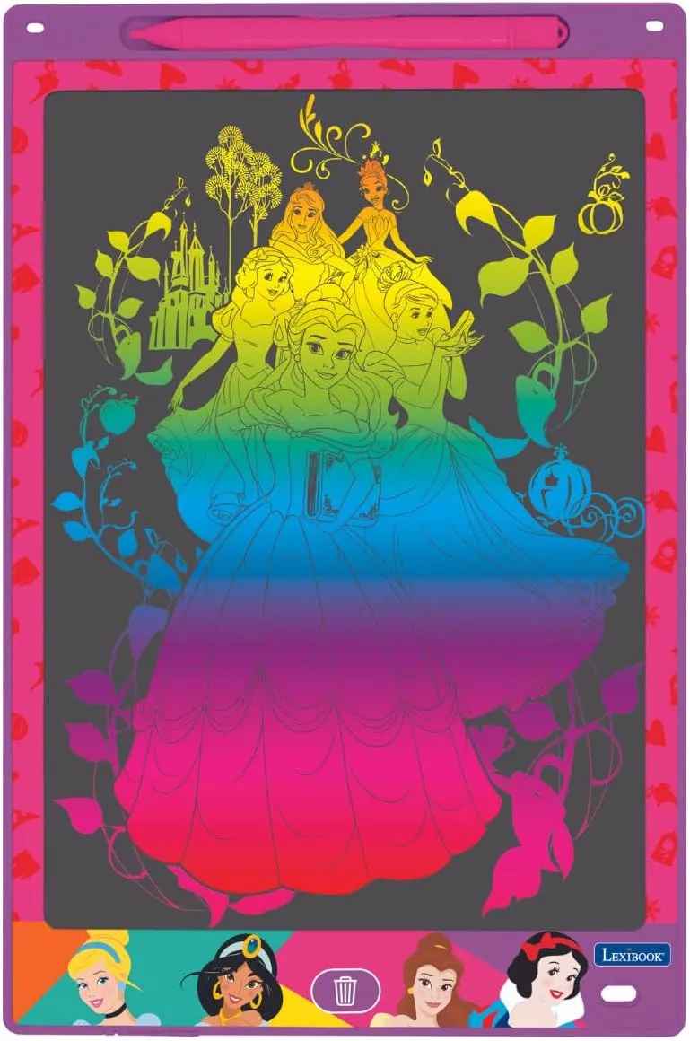 Lexibook, Disney Princess, Magic Slate, Arts and Crafts Toy for Girls and Boys, Multicoloured Drawings, 11" Screen, 1 Stylus and 6 Stencils Included, Pink, CRT10DP