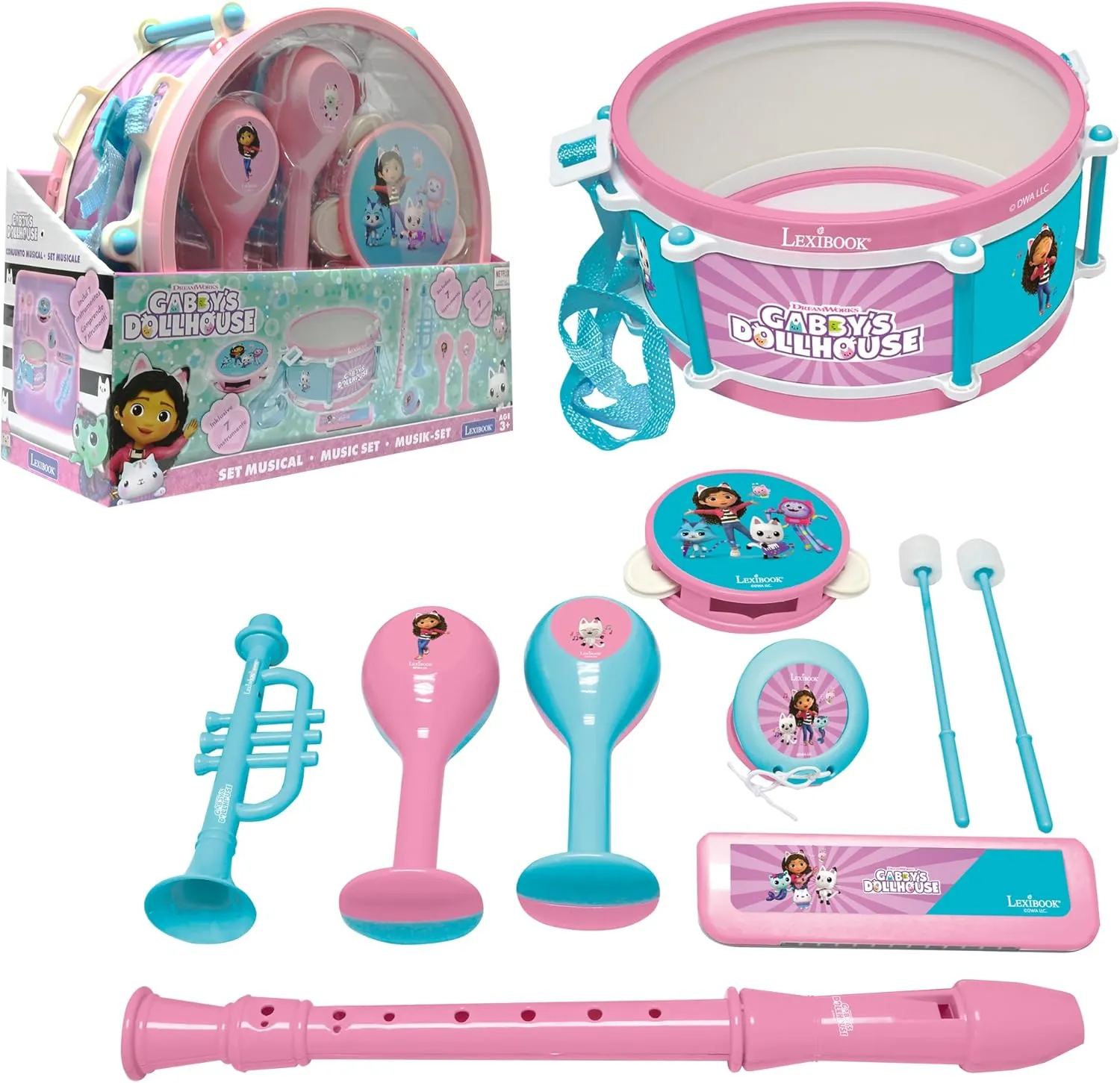 Lexibook, Gabby Dollhouse Set of 7 Instruments (Drum, Maracas, Castanet, Harmonica, Flute, Trumpet, Tambourine), Musical Toy, Handy to Carry (K360GDH)