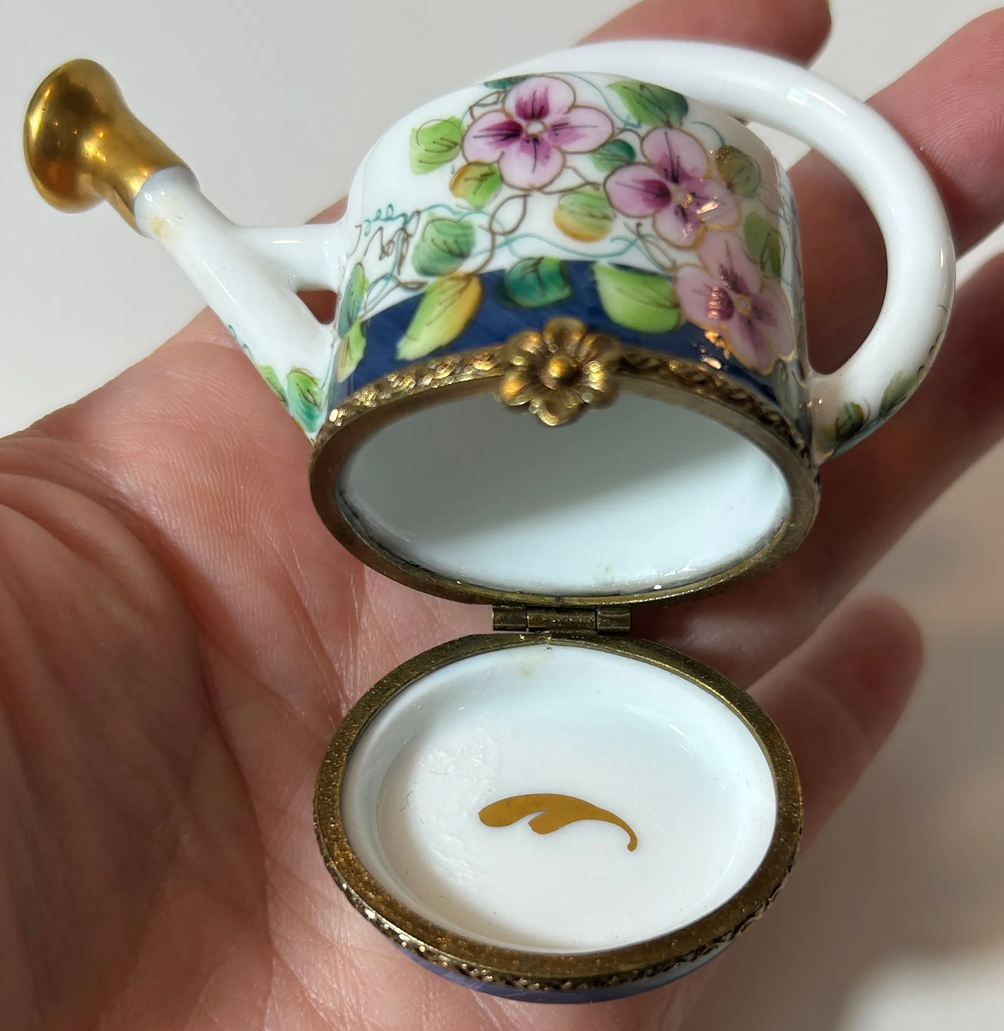 Limoges Rochard Watering Can Trinket Box – Hand Painted Floral Porcelain Box, Made in France