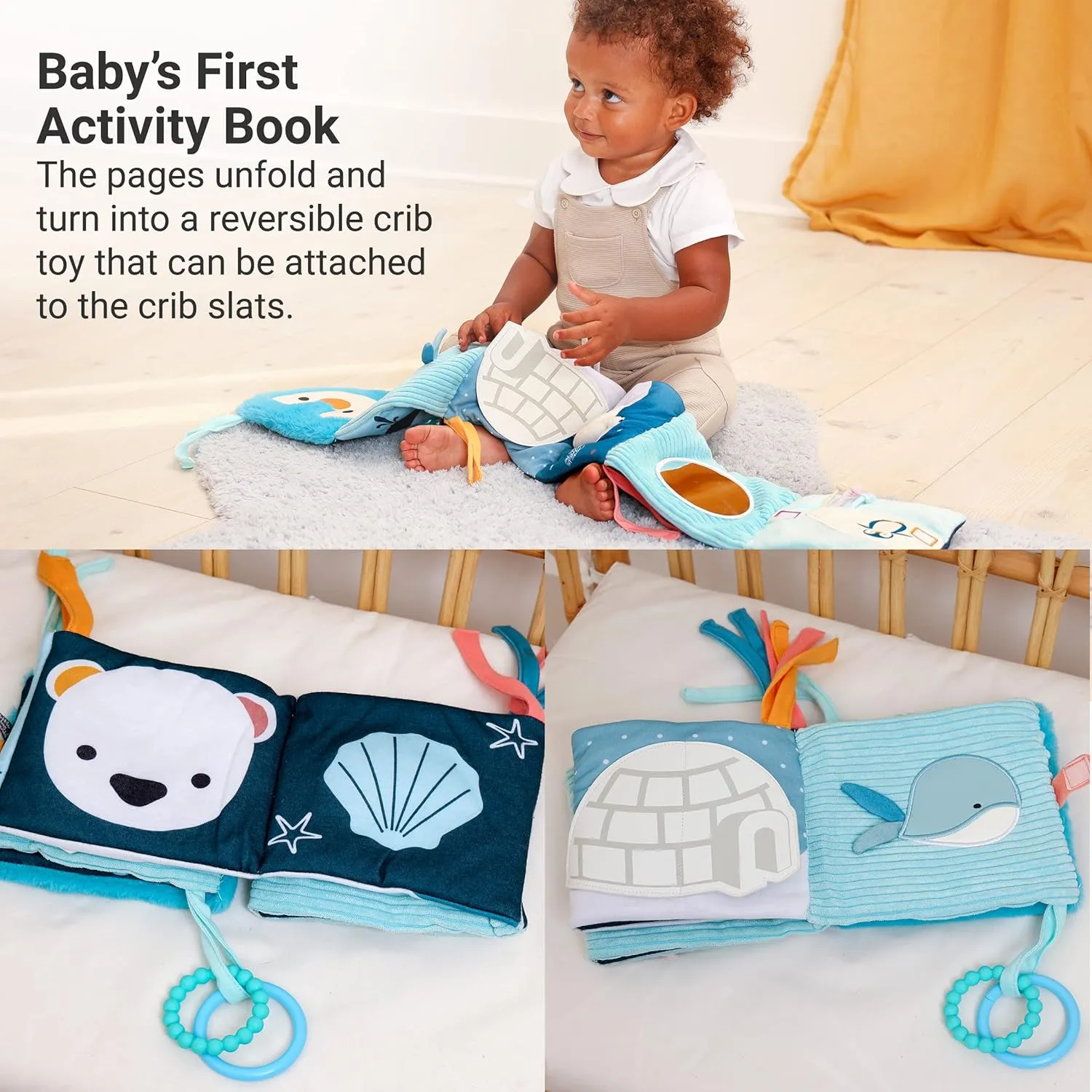 Little Big Friends Soft Activity Book 2 in 1 | Multipurpose Developmental Toy | Easily Attaches to Crib | Teething Ring | Ocean