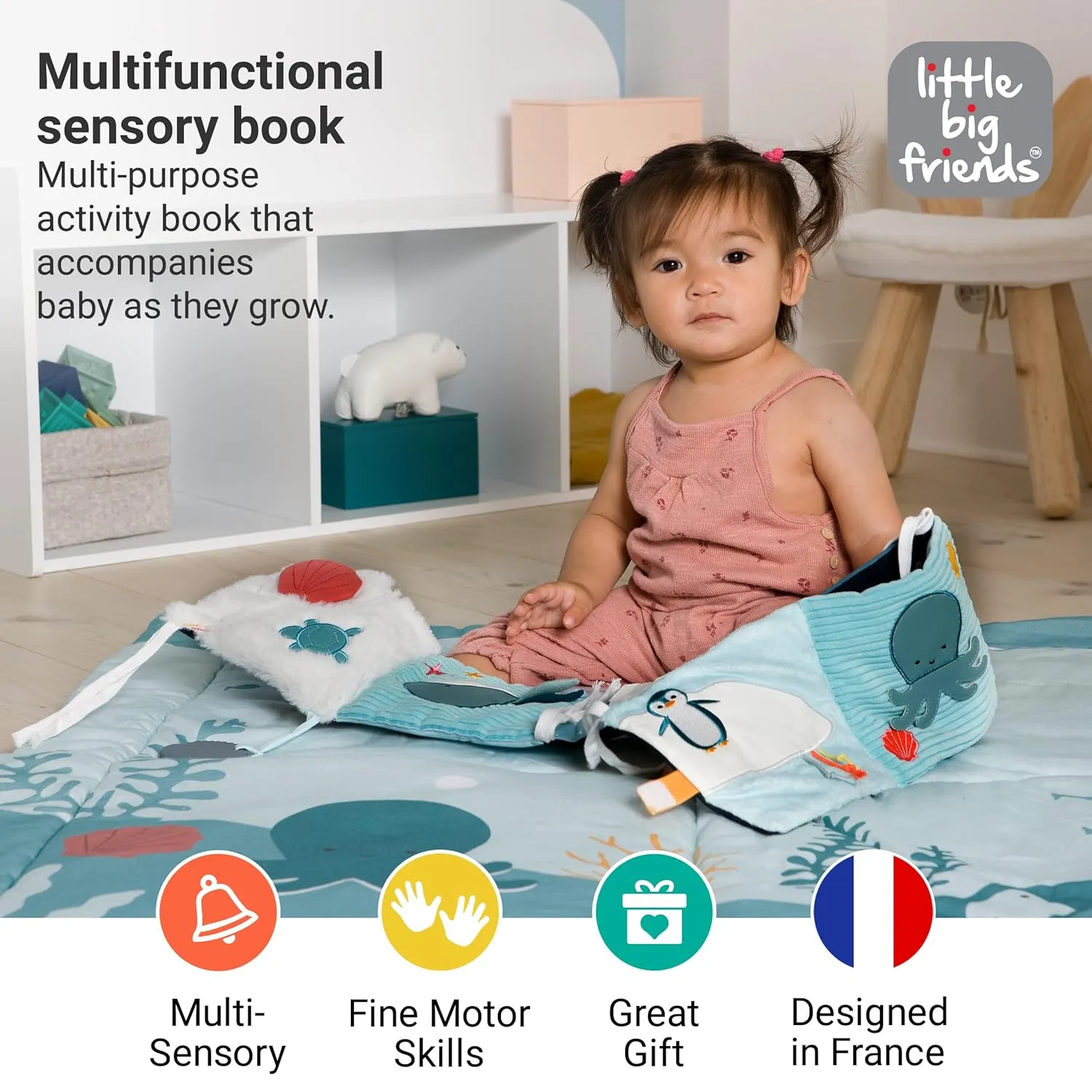 Little Big Friends Soft Activity Book 2 in 1 | Multipurpose Developmental Toy | Easily Attaches to Crib | Teething Ring | Ocean