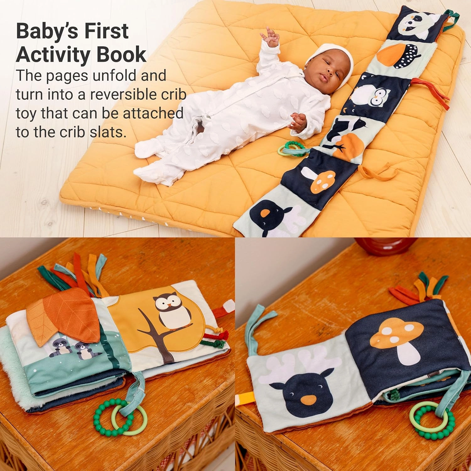 Little Big Friends Soft Activity Book 2 in 1 | Multipurpose Developmental Toy | Easily attaches to Crib | Teething Ring | Forest