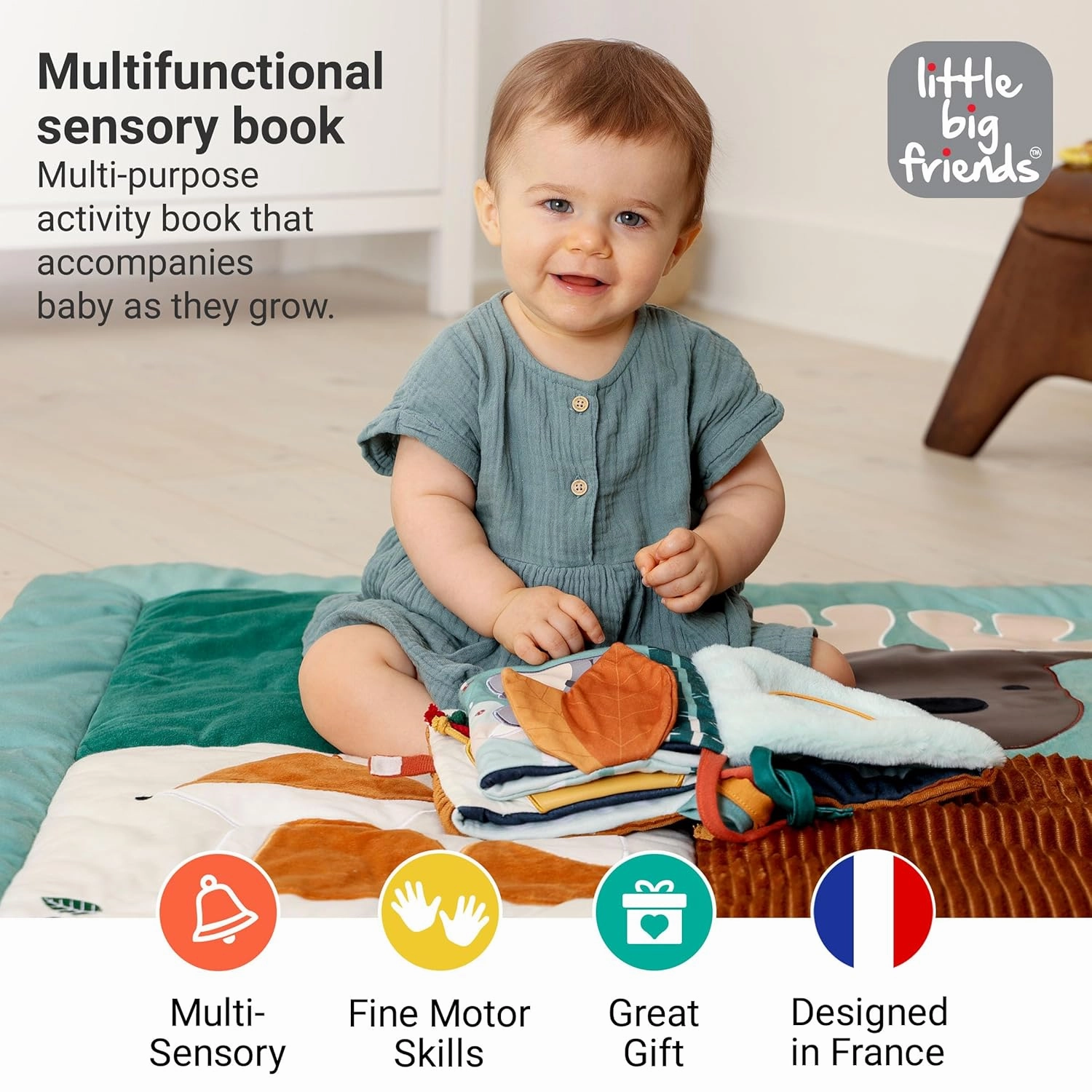 Little Big Friends Soft Activity Book 2 in 1 | Multipurpose Developmental Toy | Easily attaches to Crib | Teething Ring | Forest