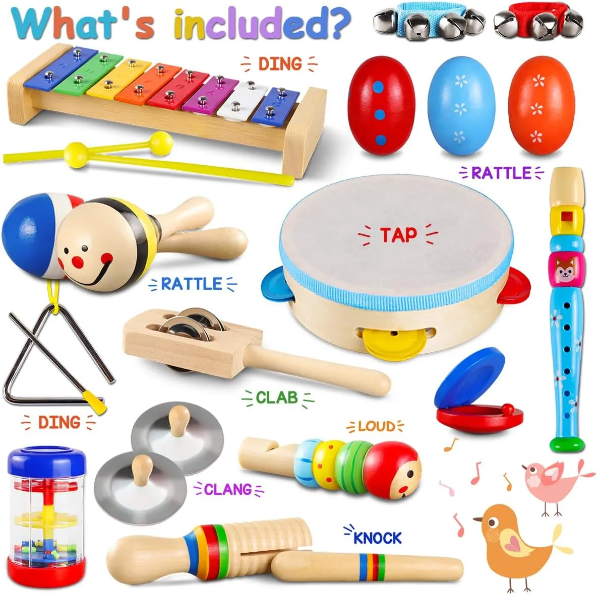 LOOIKOOS Toddler Musical Instruments Set Wooden Percussion Instruments Xylophone Toy for Kids Montessori Toys for 1 Year Old Boys Girls with Maracas Easter Eggs