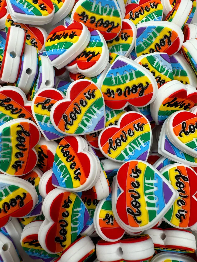 Love is Love Rainbow Heart Silicone Focal Beads, Quote Focal Beads