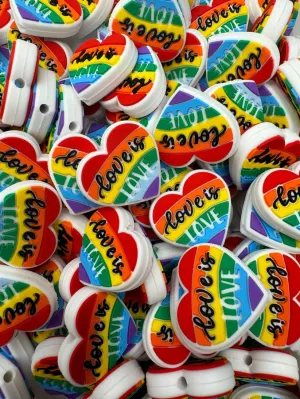 Love is Love Rainbow Heart Silicone Focal Beads, Quote Focal Beads
