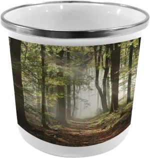 Lunarable Forest Metal Camping Cup, Autumnal Forest Pathway in The Mountains with Mist in The Distance Wilderness Scene, Stainless Steel Mug for Indoor and Outdoor Activities, Green Brown