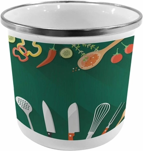 Lunarable Vegetables Steel Camping Mug, Utensils Vegetables and Spices Cooking Dining Theme Creative Recipe Print, Printed Thermal Cup for Camping and Outdoor Activities, Green Orange