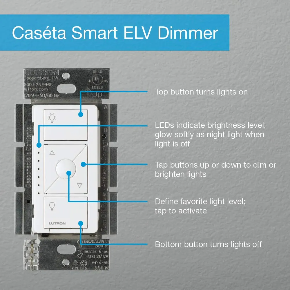 Lutron Caseta Original Smart Dimmer Switch ELV  (Lutron Hub Required), 250W LED, Single-Pole/3-Way, Neutral Required, PD-5NE-BL, Black