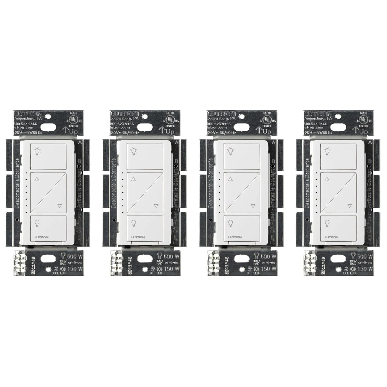 Lutron Caseta Original Smart Dimmer Switch (Lutron Smart Hub Required), for LED Lights, 150 Watt, Single-Pole/3-Way, No Neutral Required, PD-6WCL-WH 4-PACK, White, 4 Pack