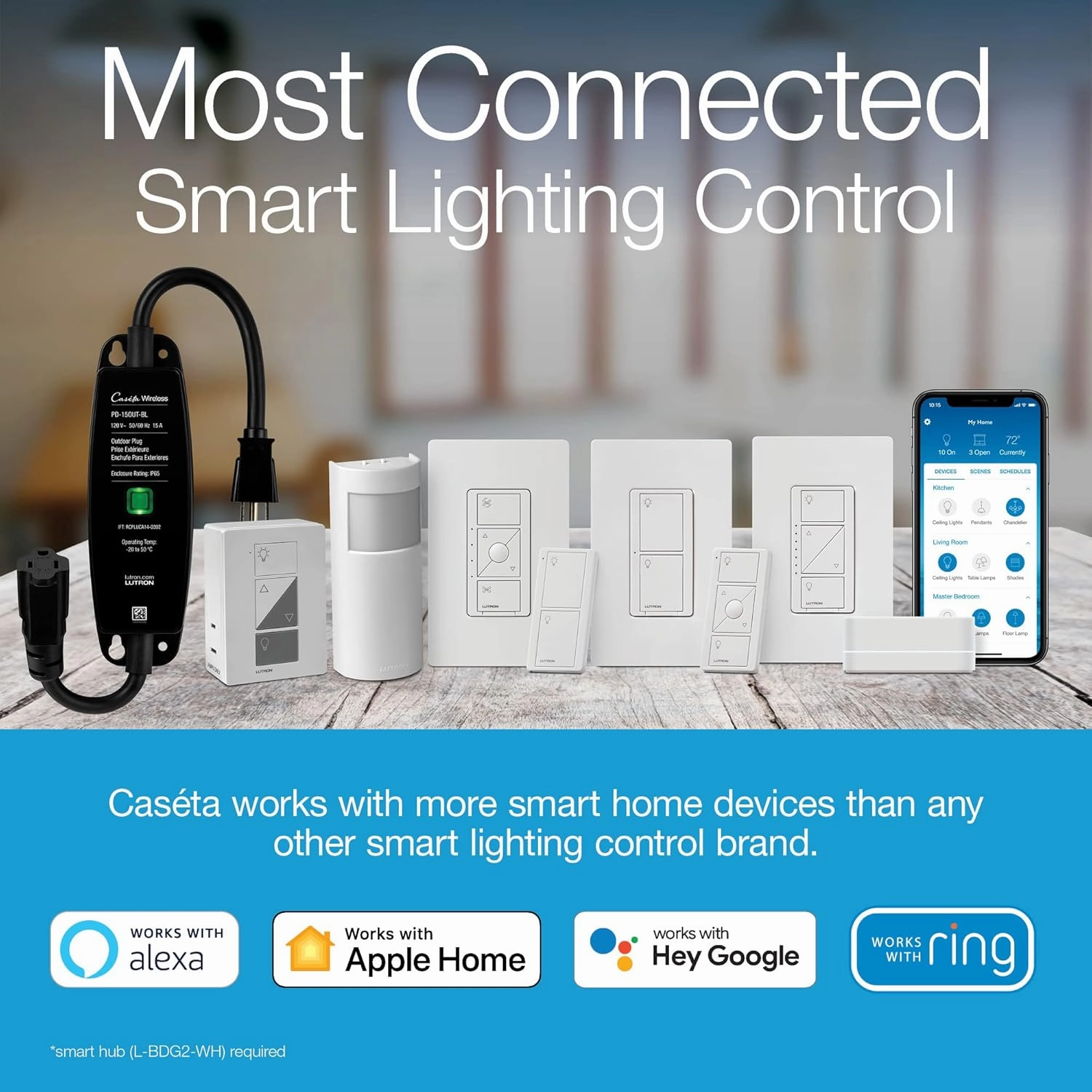 Lutron Caseta Original Smart Dimmer Switch (Lutron Smart Hub Required), for LED Lights, 150 Watt, Single-Pole/3-Way, No Neutral Required, PD-6WCL-WH 12-PACK, White, 12 Pack