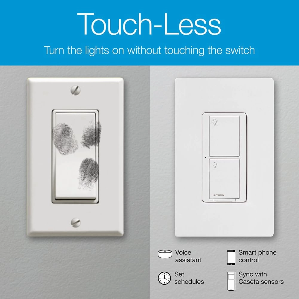 Lutron Caseta Original Smart Switch 3-Way Kit, w/ Pico Remote, Wallplate, and Wall Bracket, for LED Lights and Fans, 5 Amp, Neutral Required, P-PKG1WS-WH