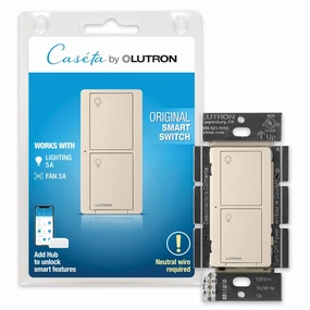 Lutron Caseta Original Smart Switch (Lutron Smart Hub Required), for LED Lights and Fans, 6 Amp, Single-Pole/3-Way, Neutral Required, PD-6ANS-LA, Light Almond
