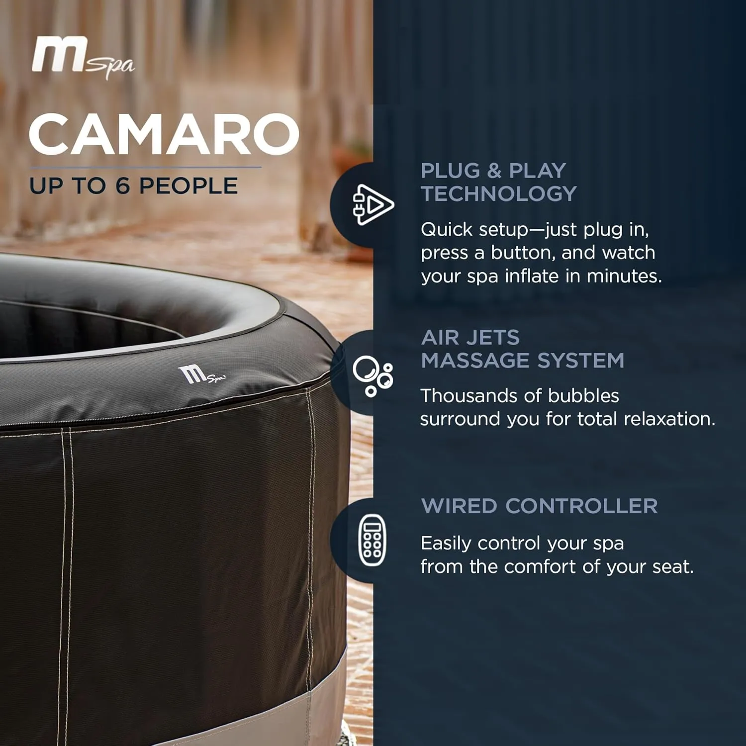 M Spa Round Inflatable Bubble Massage Spa, 4 to 6 Person Outdoor Hot Tub, Super Camaro