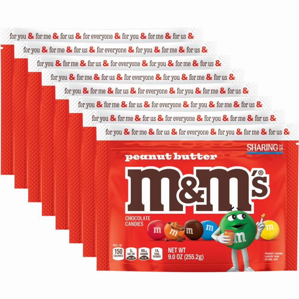 M&M’S Peanut Butter Milk Chocolate Candy Bulk – Sharing Size, 9 Oz Resealable Bag (Pack of 8), Creamy Peanut Butter Center with Rich Milk Chocolate, Perfect for Snacking, Parties, Movie Night, Travel