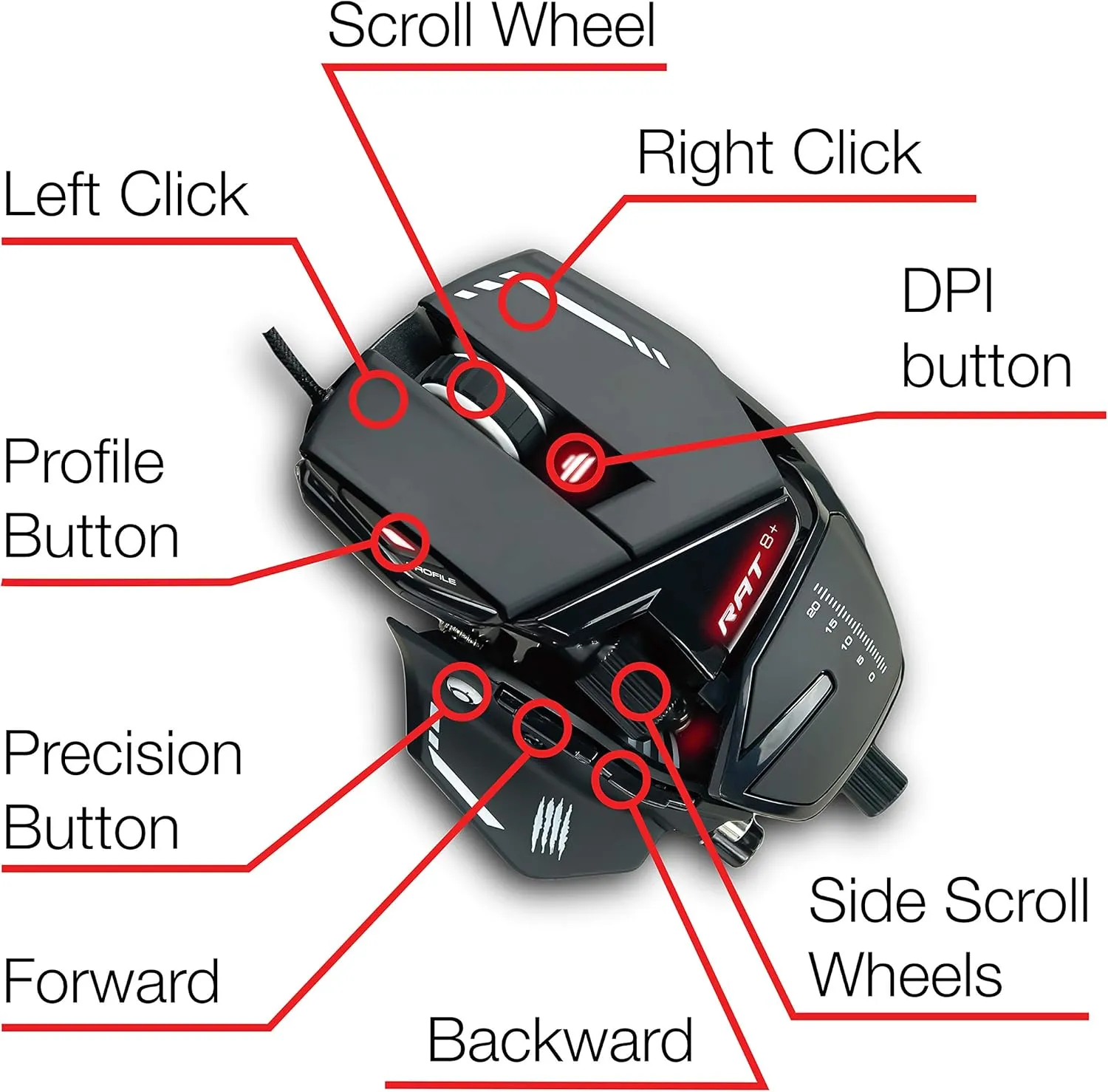 Mad Catz R.A.T. 8  Adjustable Wired Gaming Mouse - 16000 DPI - 11 Programmable Buttons - 4 User Profiles Stored Directly - Customize RGB LED - Additional Palm Rests and Pinky Supports - Black