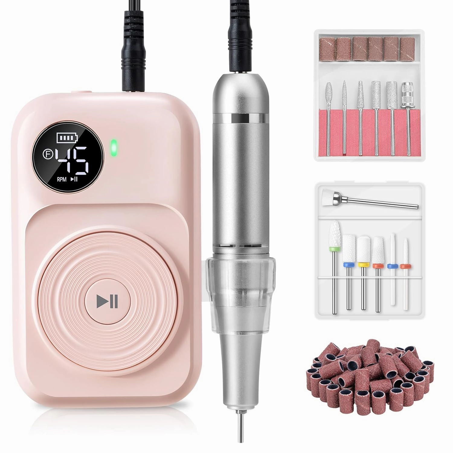 Madenia Rechargeable Professional Nail Drill Machine - 45000 RPM Portable Electric Nail File E File for Acrylic Gel Nails,Suitable for Salon Home Travel Manicure Use, Pink