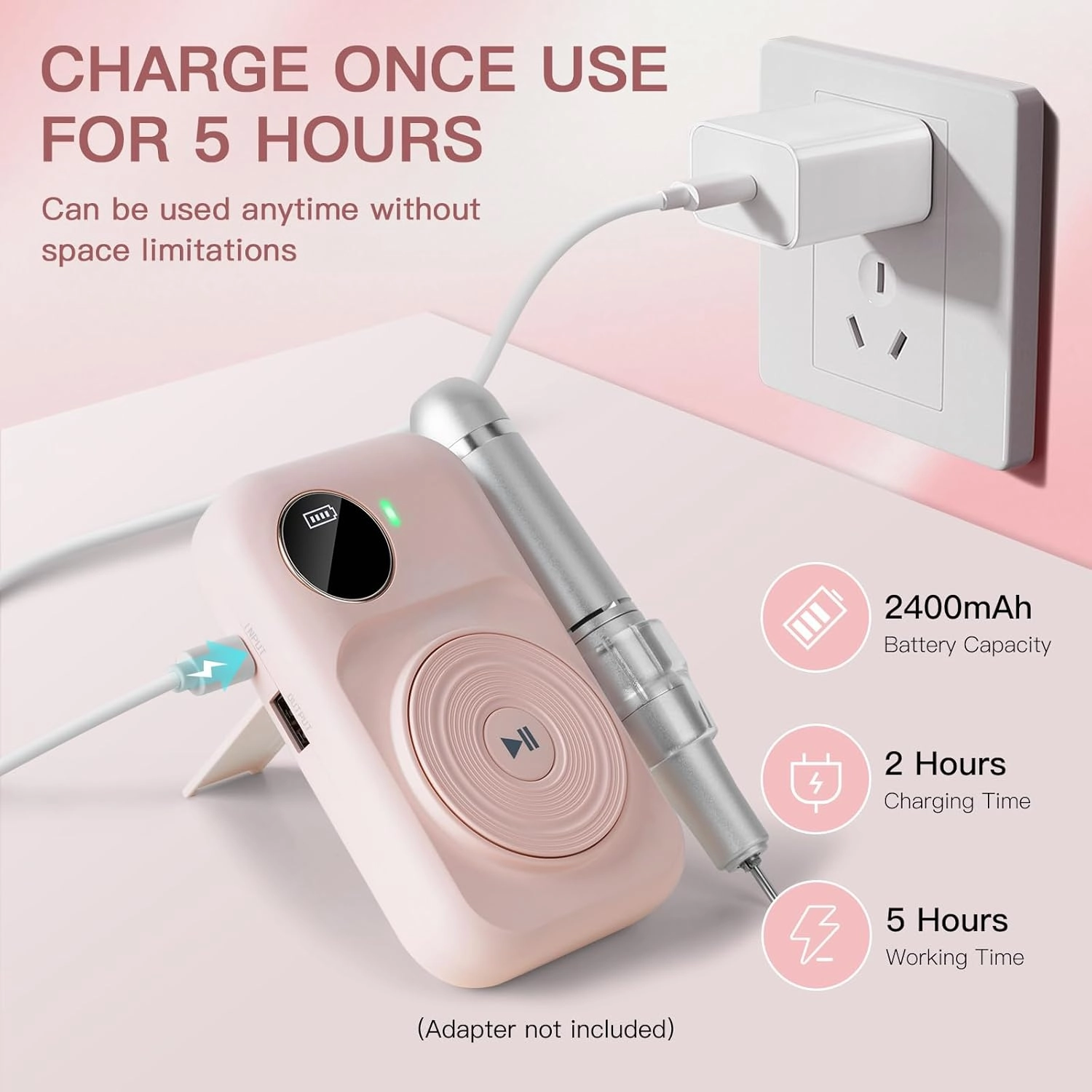 Madenia Rechargeable Professional Nail Drill Machine - 45000 RPM Portable Electric Nail File E File for Acrylic Gel Nails,Suitable for Salon Home Travel Manicure Use, Pink
