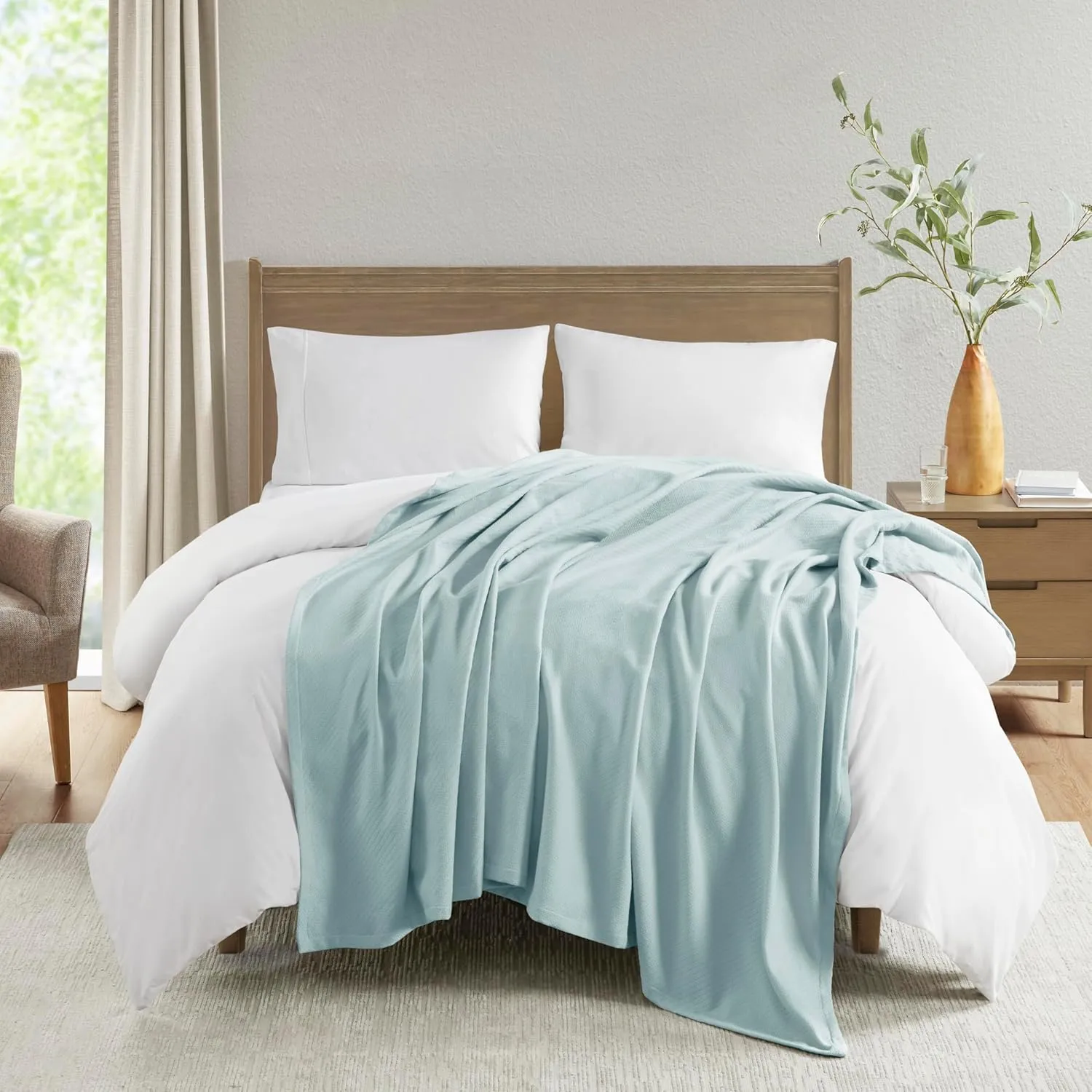 Madison Park Liquid Cotton Luxury Blanket Premium Soft Cozy 100% Ring Spun Cotton For Bed , Couch or Sofa, Twin, Light Blue
