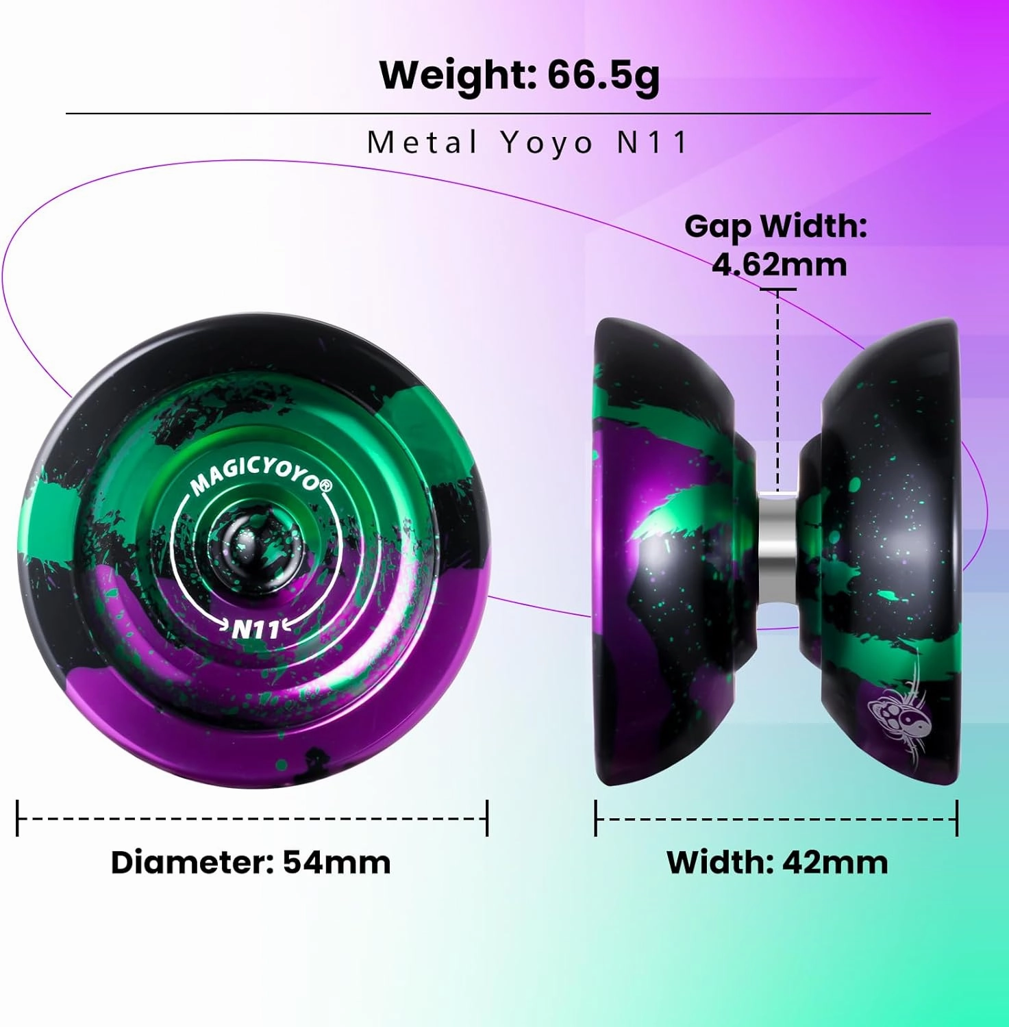 MAGICYOYO N11 Professional Yoyo – Unresponsive Design for Adult Tricks, Suitable Yoyo for Kids 8-12 or Above, Dual-Purpose Responsive Bearing, 12 Extra Strings, Case, Bearing Kit - Black Green Purple