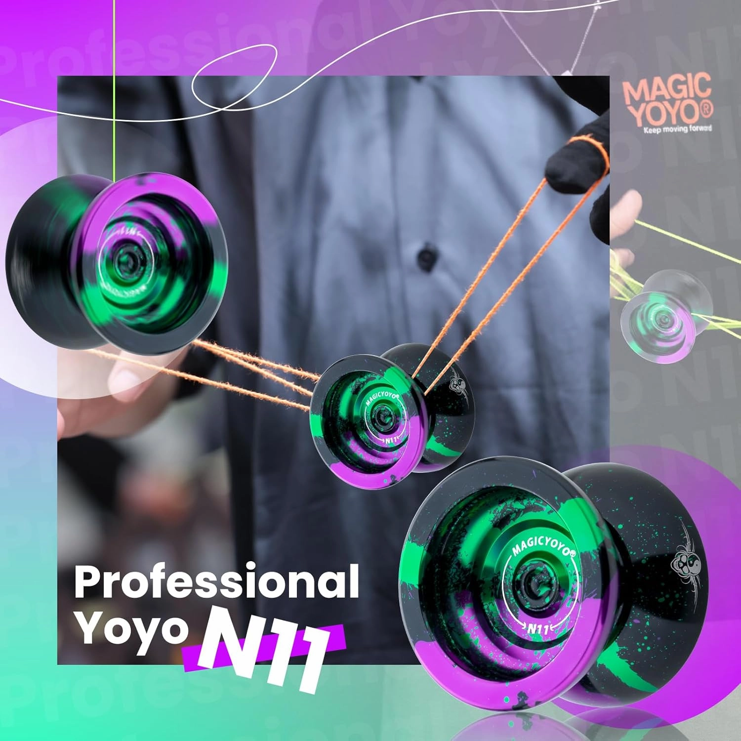 MAGICYOYO N11 Professional Yoyo – Unresponsive Design for Adult Tricks, Suitable Yoyo for Kids 8-12 or Above, Dual-Purpose Responsive Bearing, 12 Extra Strings, Case, Bearing Kit - Black Green Purple