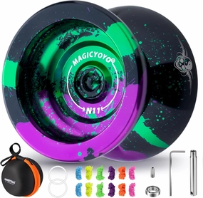 MAGICYOYO N11 Professional Yoyo – Unresponsive Design for Adult Tricks, Suitable Yoyo for Kids 8-12 or Above, Dual-Purpose Responsive Bearing, 12 Extra Strings, Case, Bearing Kit - Black Green Purple