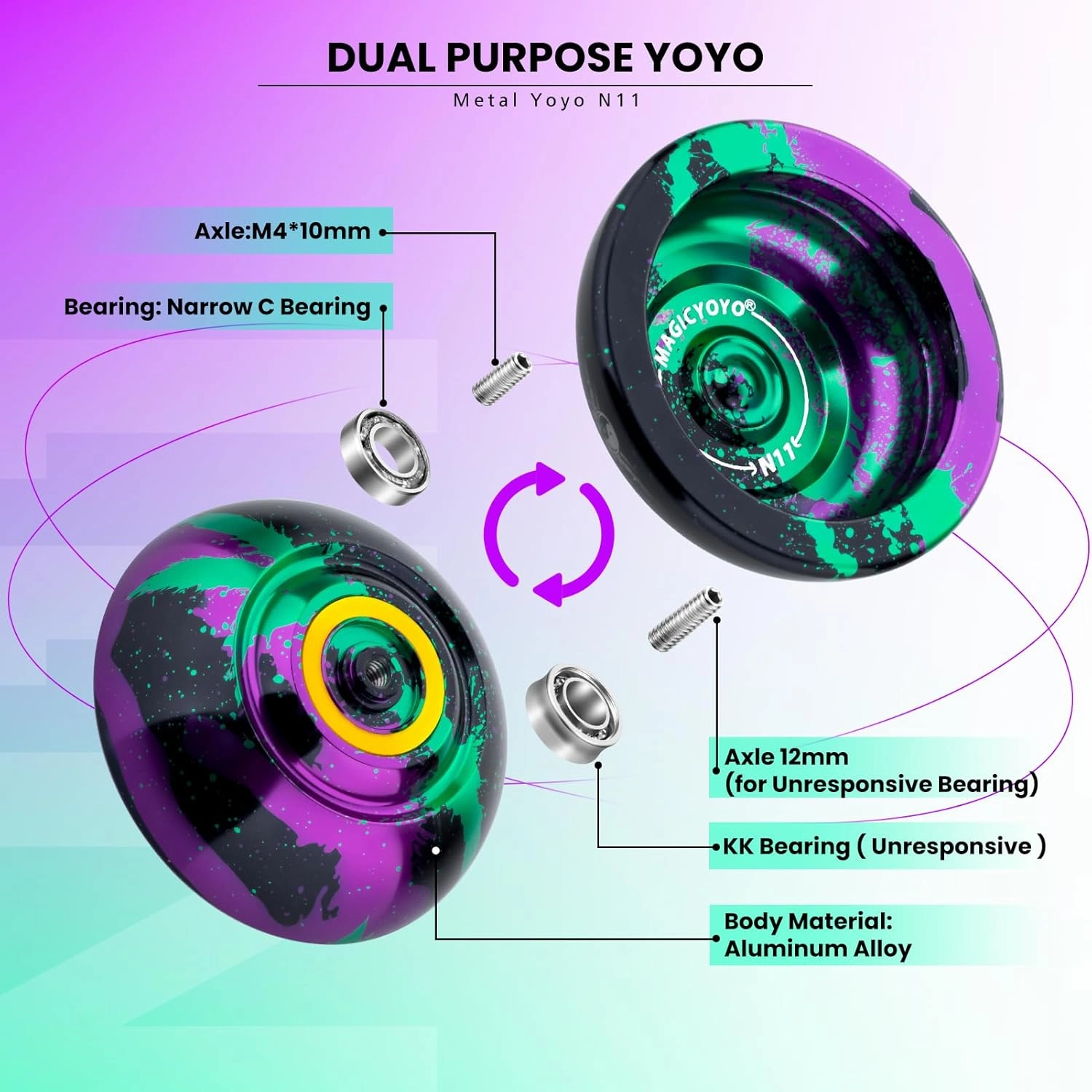 MAGICYOYO N11 Professional Yoyo – Unresponsive Design for Adult Tricks, Suitable Yoyo for Kids 8-12 or Above, Dual-Purpose Responsive Bearing, 12 Extra Strings, Case, Bearing Kit - Black Green Purple