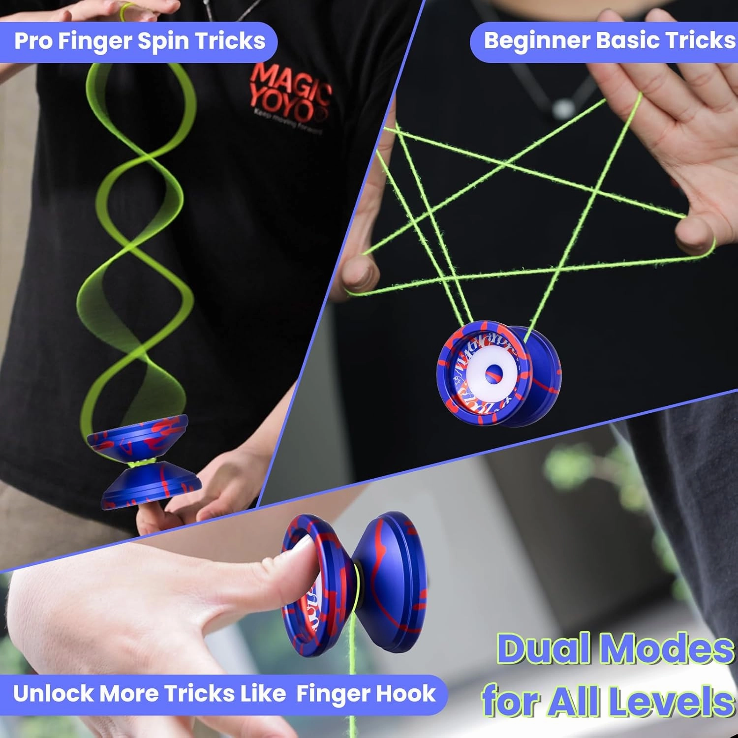 MAGICYOYO V6S LOCUS Responsive Yoyo for Kids 8-12, Pro Fingerspin Trick Design for Adults/Advanced, with Unresponsive Yo yo Bearing 12 Yo-yo Strings Bearing Tool Carry Case Bag (Blue Red)