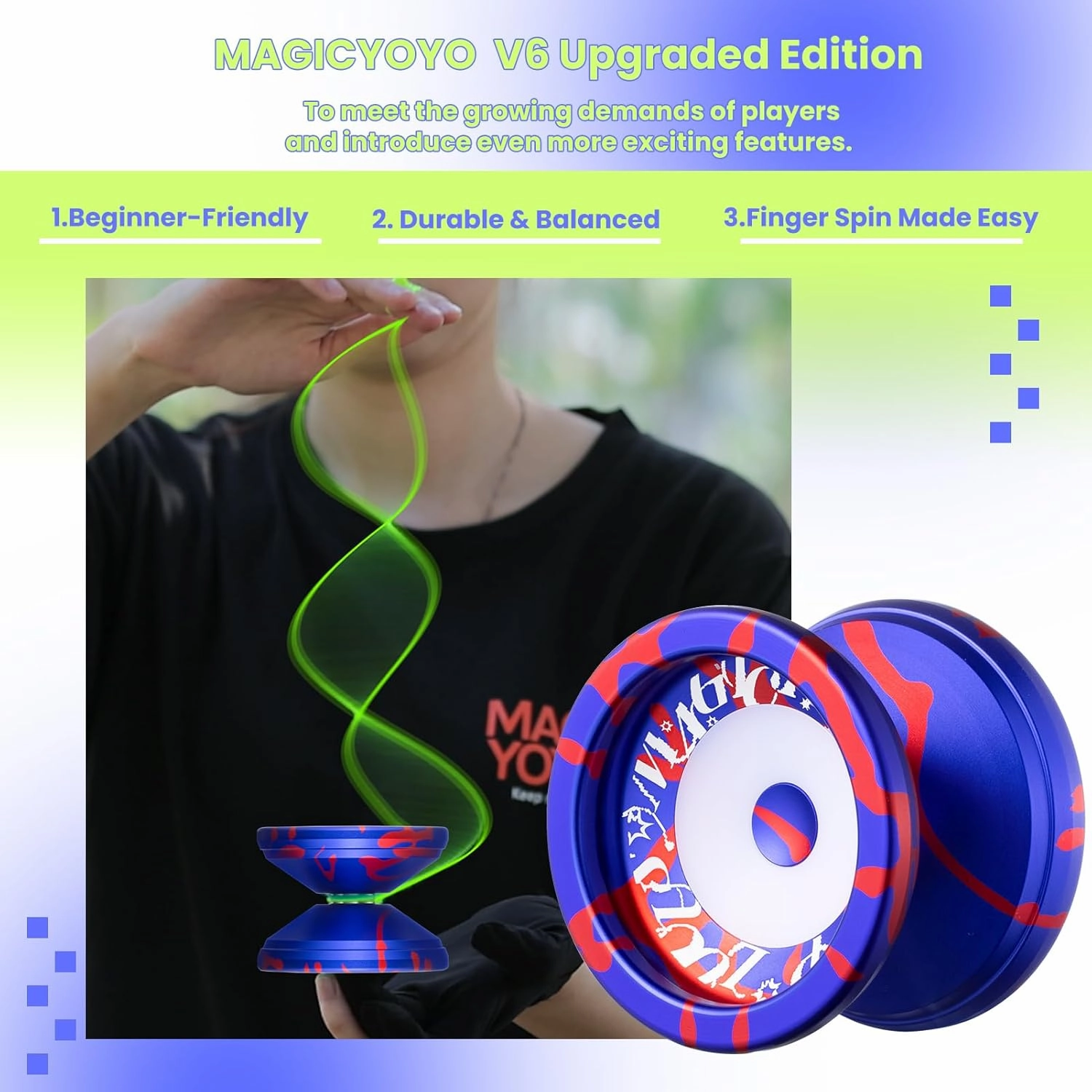 MAGICYOYO V6S LOCUS Responsive Yoyo for Kids 8-12, Pro Fingerspin Trick Design for Adults/Advanced, with Unresponsive Yo yo Bearing 12 Yo-yo Strings Bearing Tool Carry Case Bag (Blue Red)