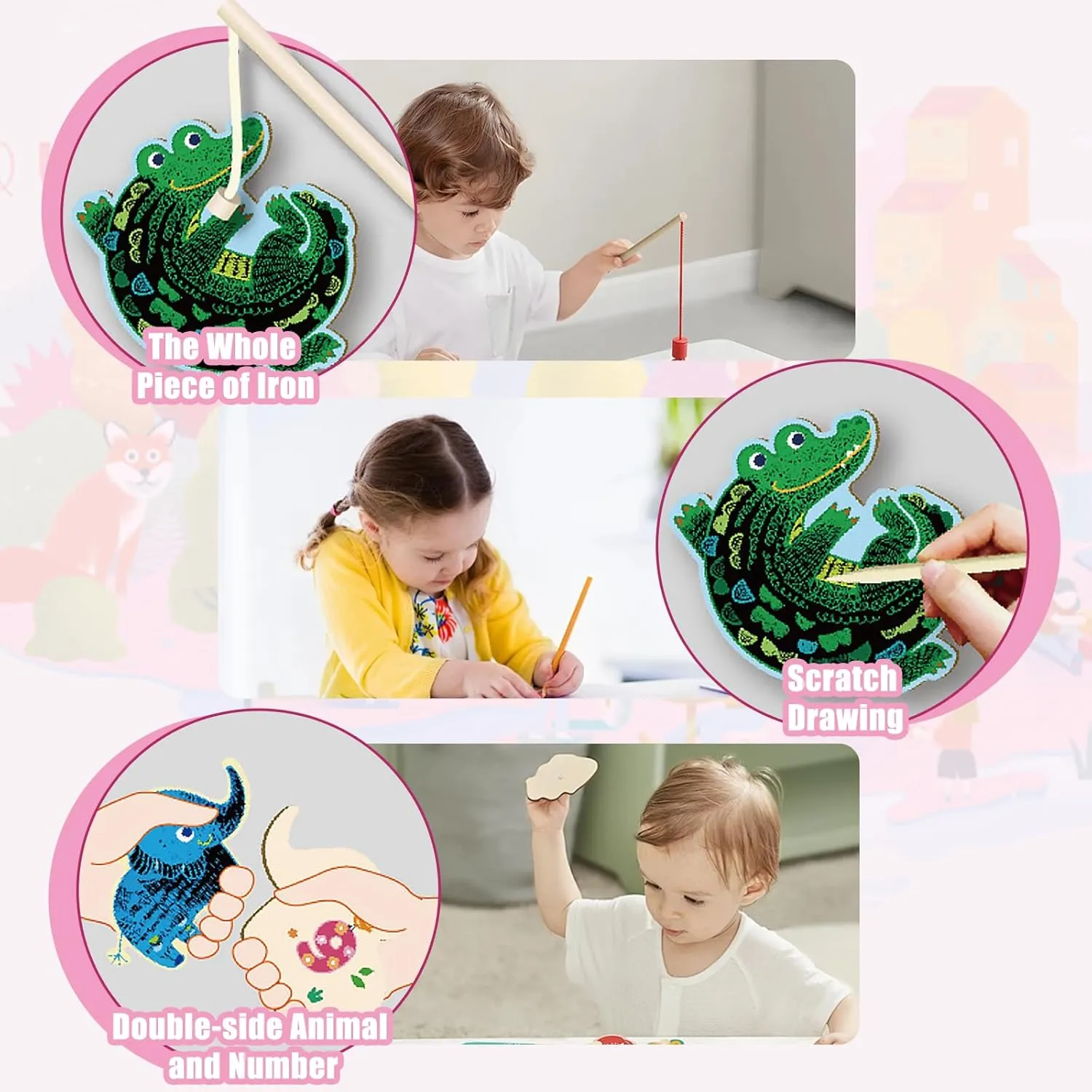 Magnetic Fishing Game Toys Kids Wooden Colorful Magnetic Fishing Scratch Art Magic Drawing DIY for Kids Yummy Dessert 2-in-1 Creative Game Gift for 3  Years Toddler