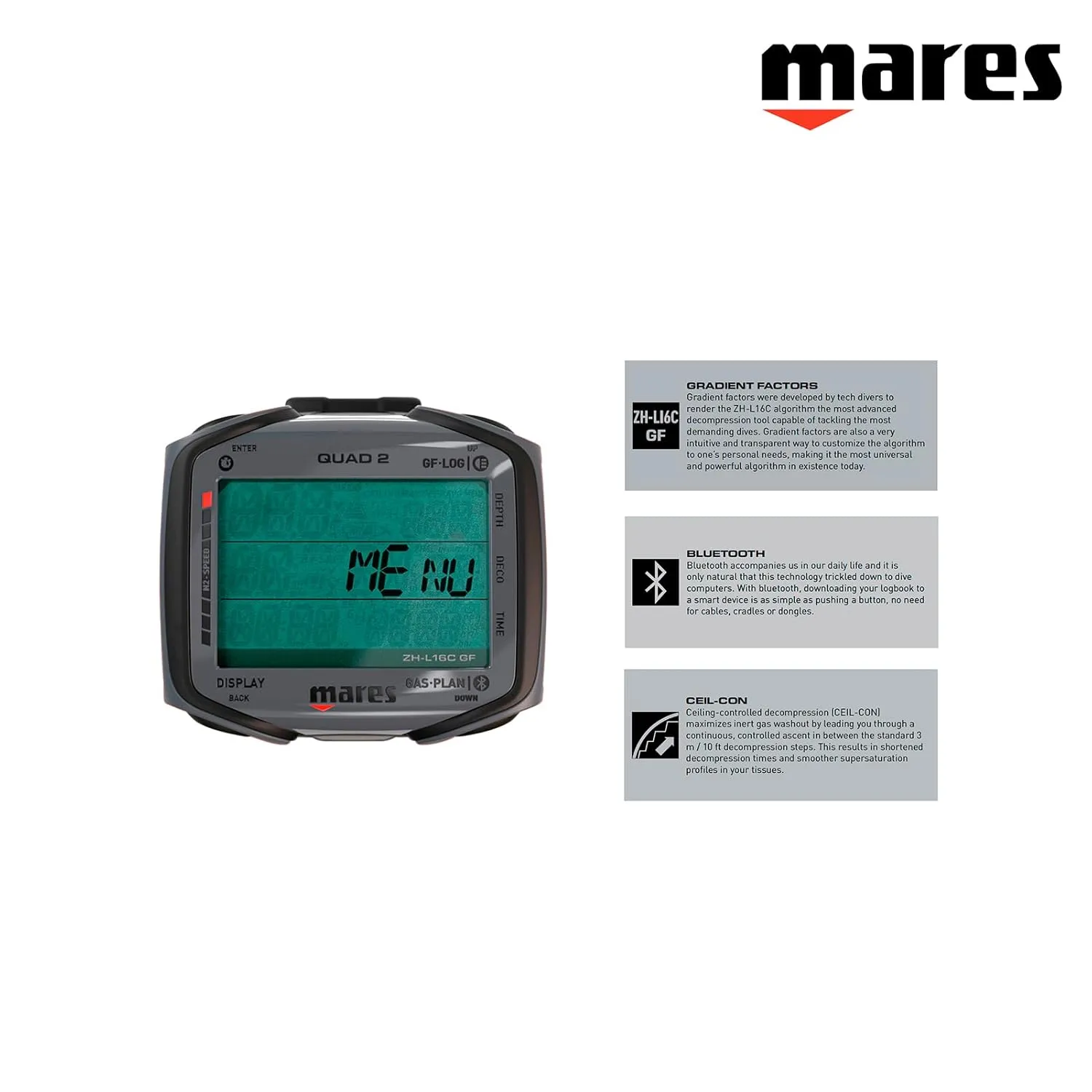 Mares Quad 2 Smart Wrist Underwater Scuba Dive Computer | Depth, Decompression, Time Display, Black
