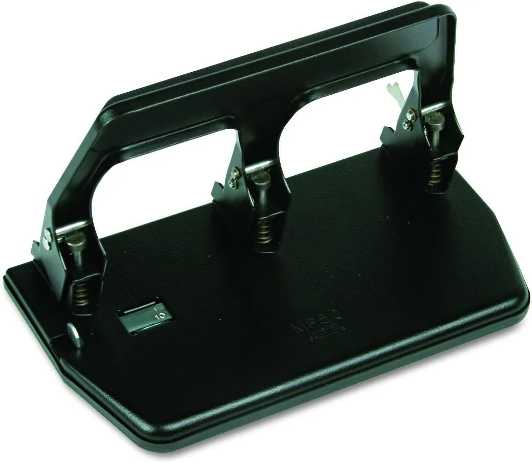 Martin Yale MP50 Master Medium Duty 3-Hole Punch, Black, 9/32" Hole Diameter, Punches Through Up To 40 Sheets of 20 Pound Bond Paper, Adjustable Ruled Paper Guide