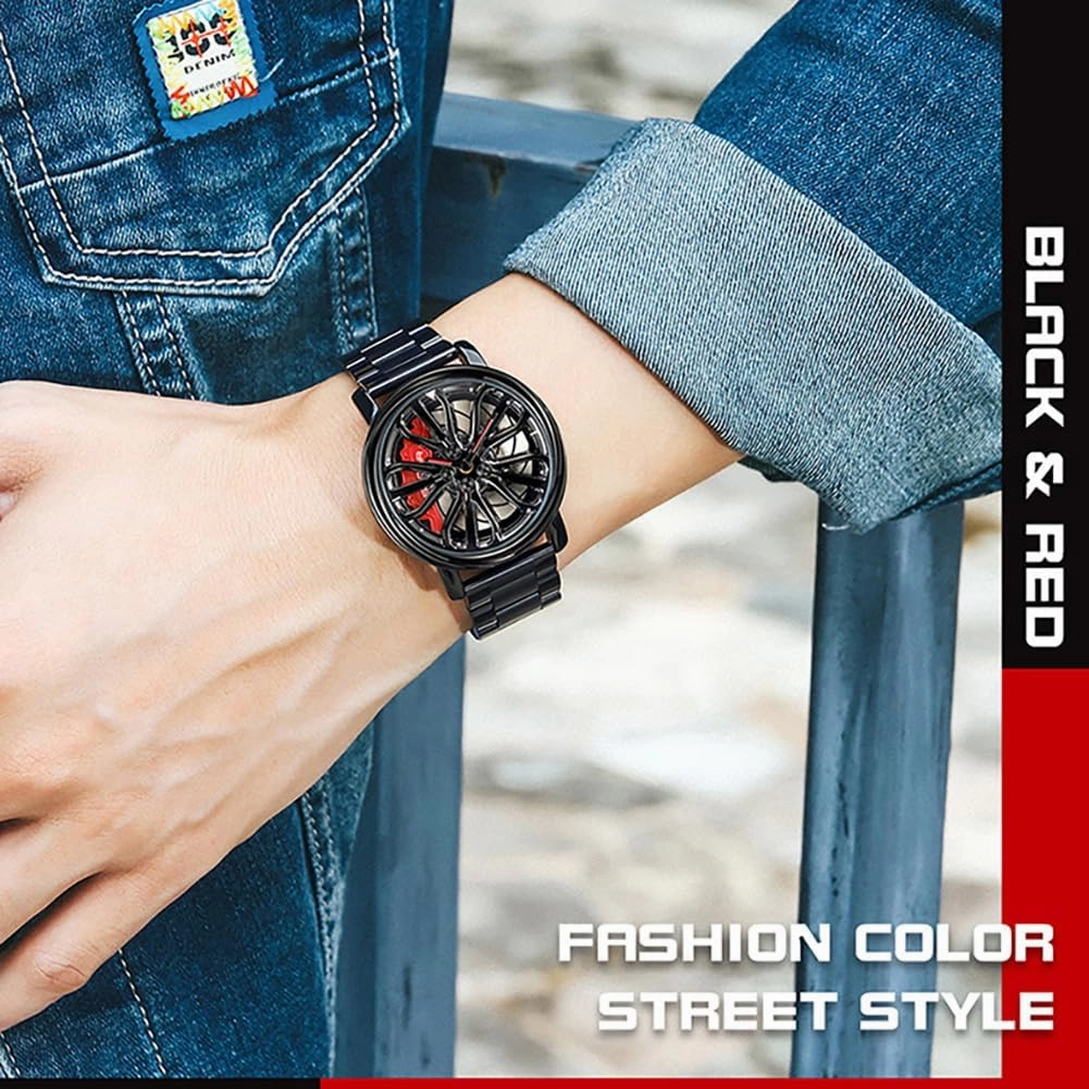 MASTOP Mens Wrist Watch Creative 3D Spinning Car Wheel Rotating Watches Rim Hub Design Fashion Quartz Stylish Wristwatch with Stainless Steel Strap Gifts for Car Enthusiasts
