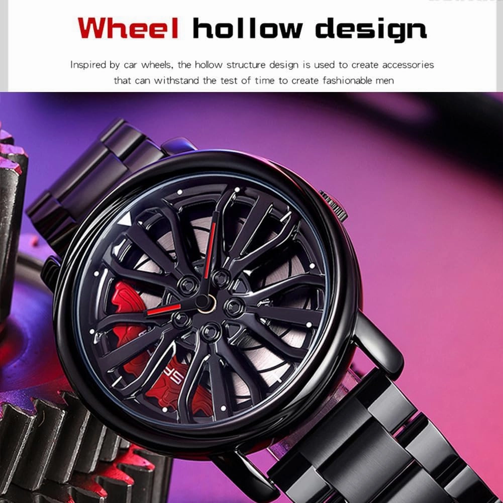 MASTOP Mens Wrist Watch Creative 3D Spinning Car Wheel Rotating Watches Rim Hub Design Fashion Quartz Stylish Wristwatch with Stainless Steel Strap Gifts for Car Enthusiasts
