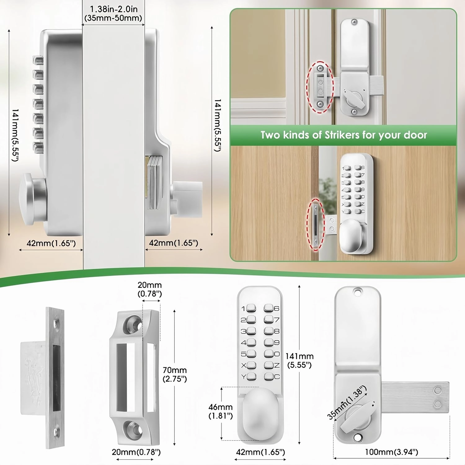 Mechanical Keyless Door Lock with Handle, Keypad Front Door Lever Set with Bolt, Code Door Locks with Keypad,Gate Lock for Warehouse,Single-Side, No Electronic (Pearl Chrome)