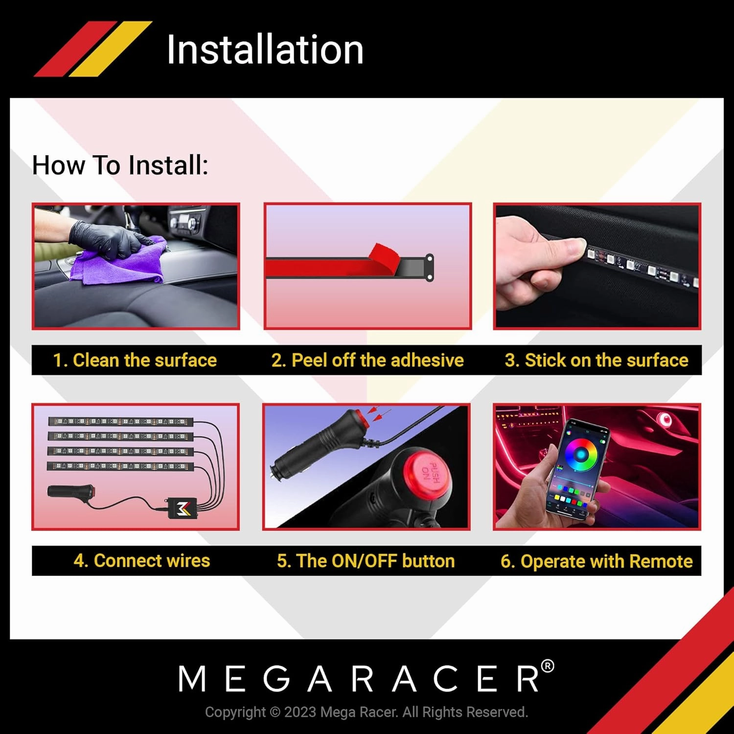 Mega Racer RGB Car LED Lights Strip - Interior LED Lights for Cars, 48 LEDs Over 16 Million Colors, Music Sync App Controlled with iPhone Android Under Dash Car Lighting Kit, Car Charger DC 12V