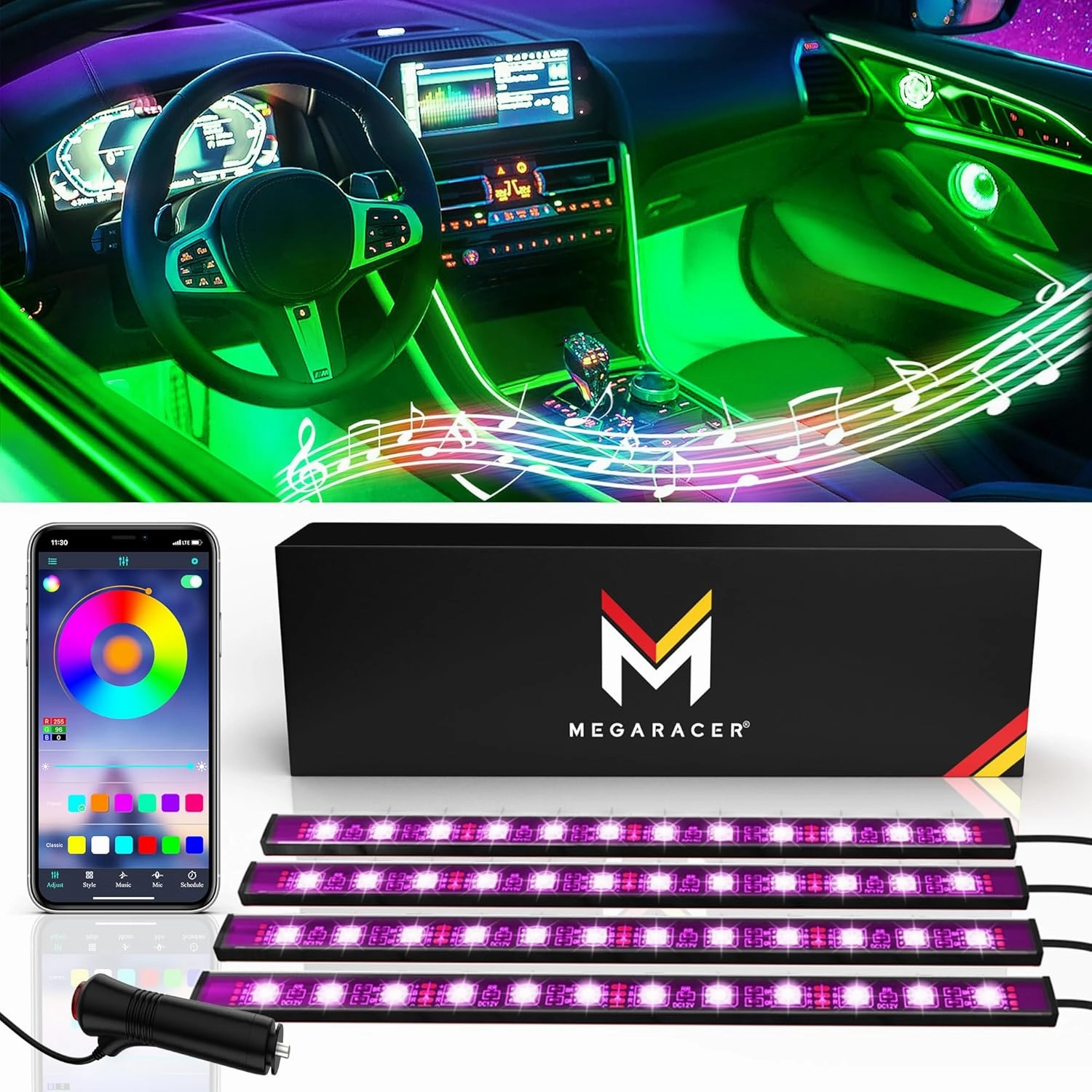 Mega Racer RGB Car LED Lights Strip - Interior LED Lights for Cars, 48 LEDs Over 16 Million Colors, Music Sync App Controlled with iPhone Android Under Dash Car Lighting Kit, Car Charger DC 12V