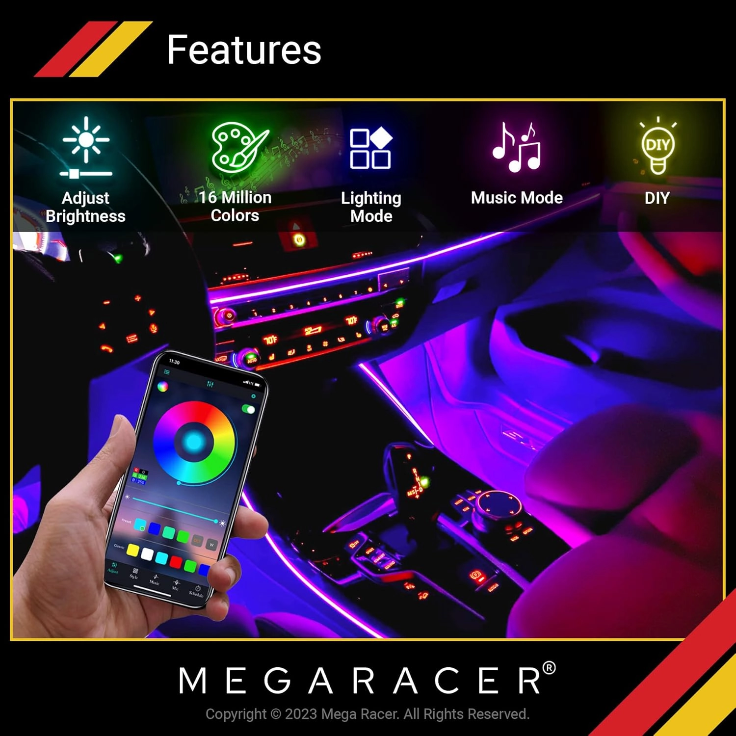 Mega Racer RGB Car LED Lights Strip - Interior LED Lights for Cars, 48 LEDs Over 16 Million Colors, Music Sync App Controlled with iPhone Android Under Dash Car Lighting Kit, Car Charger DC 12V