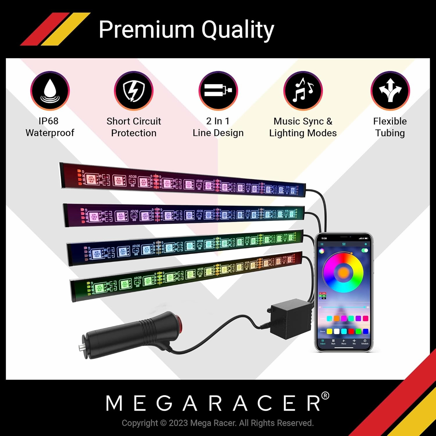 Mega Racer RGB Car LED Lights Strip - Interior LED Lights for Cars, 48 LEDs Over 16 Million Colors, Music Sync App Controlled with iPhone Android Under Dash Car Lighting Kit, Car Charger DC 12V