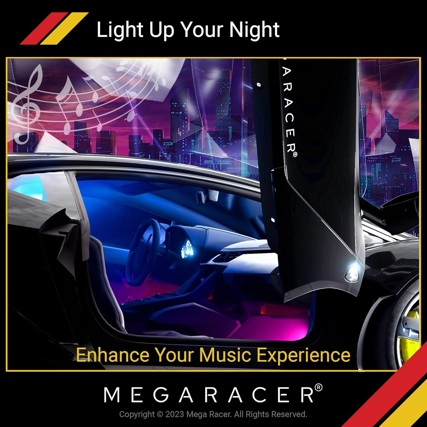 Mega Racer RGB Car LED Lights Strip - Interior LED Lights for Cars, 48 LEDs Over 16 Million Colors, Music Sync App Controlled with iPhone Android Under Dash Car Lighting Kit, Car Charger DC 12V
