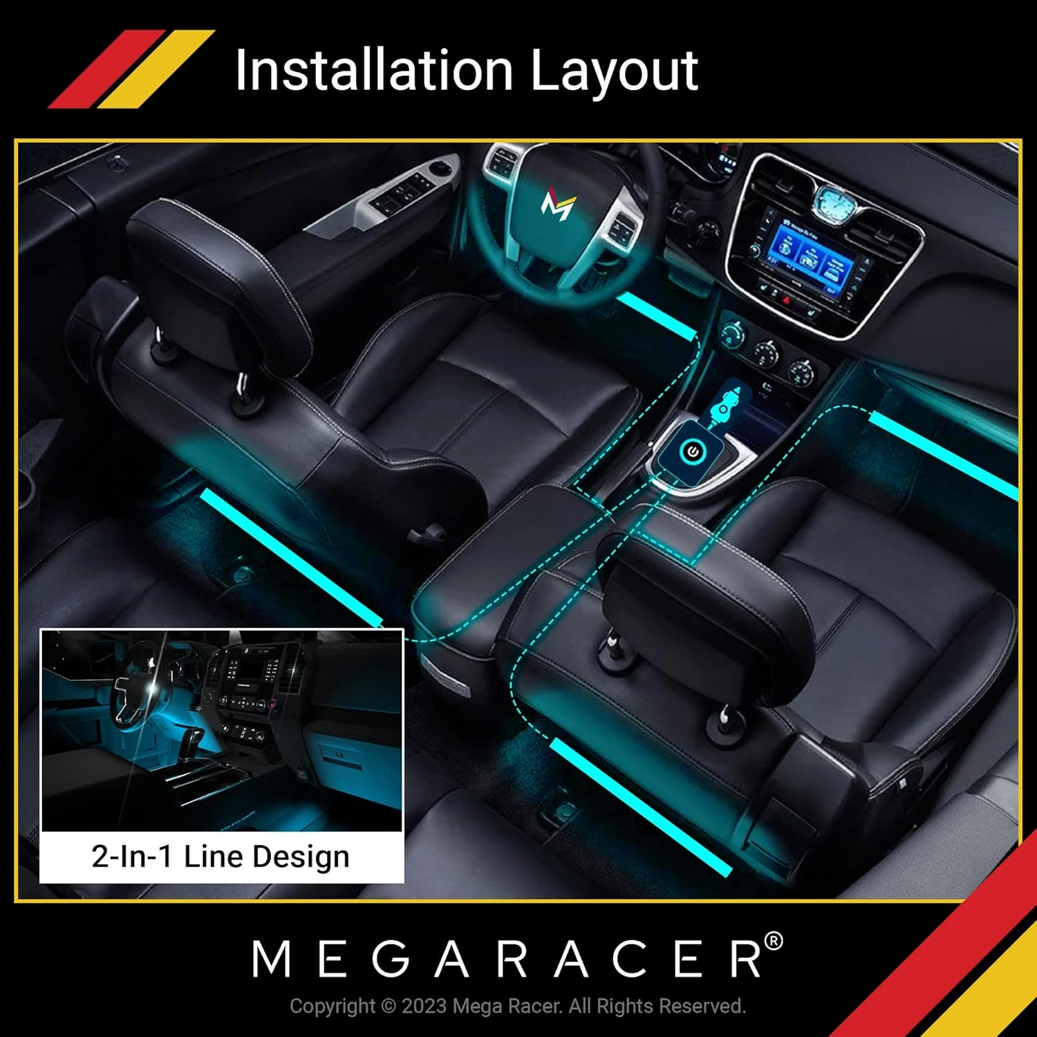 Mega Racer RGB Car LED Lights Strip - Interior LED Lights for Cars, 48 LEDs Over 16 Million Colors, Music Sync App Controlled with iPhone Android Under Dash Car Lighting Kit, Car Charger DC 12V
