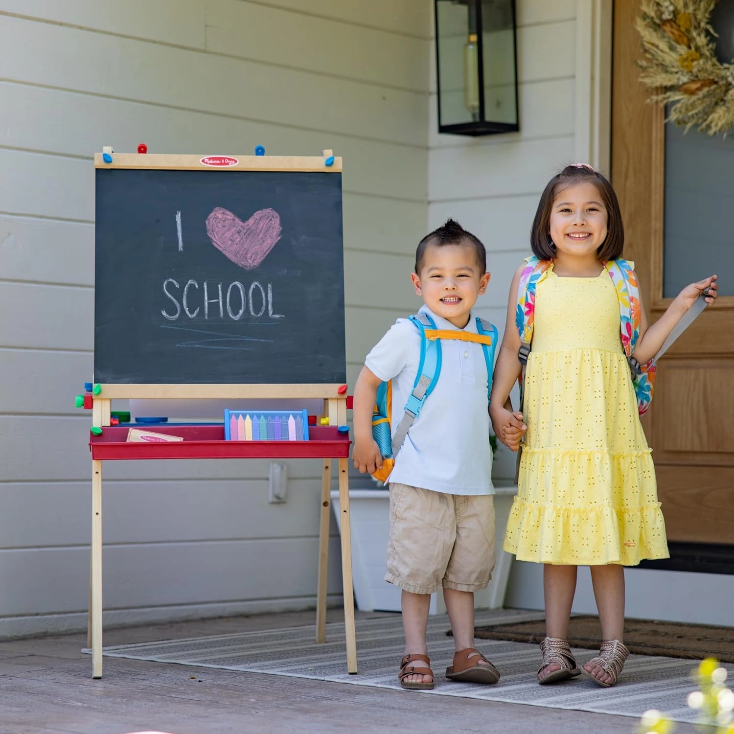 Melissa & Doug Deluxe Standing Art Easel - Dry-Erase Board, Chalkboard, Paper Roller - FSC Certified