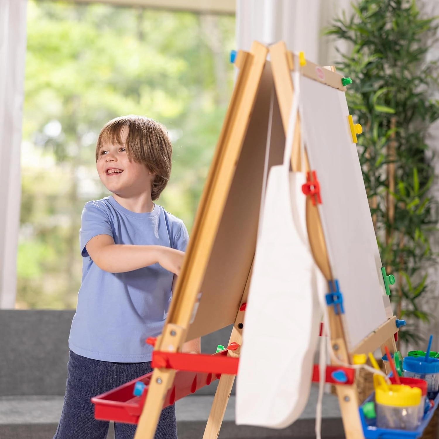 Melissa & Doug Deluxe Standing Art Easel - Dry-Erase Board, Chalkboard, Paper Roller - FSC Certified