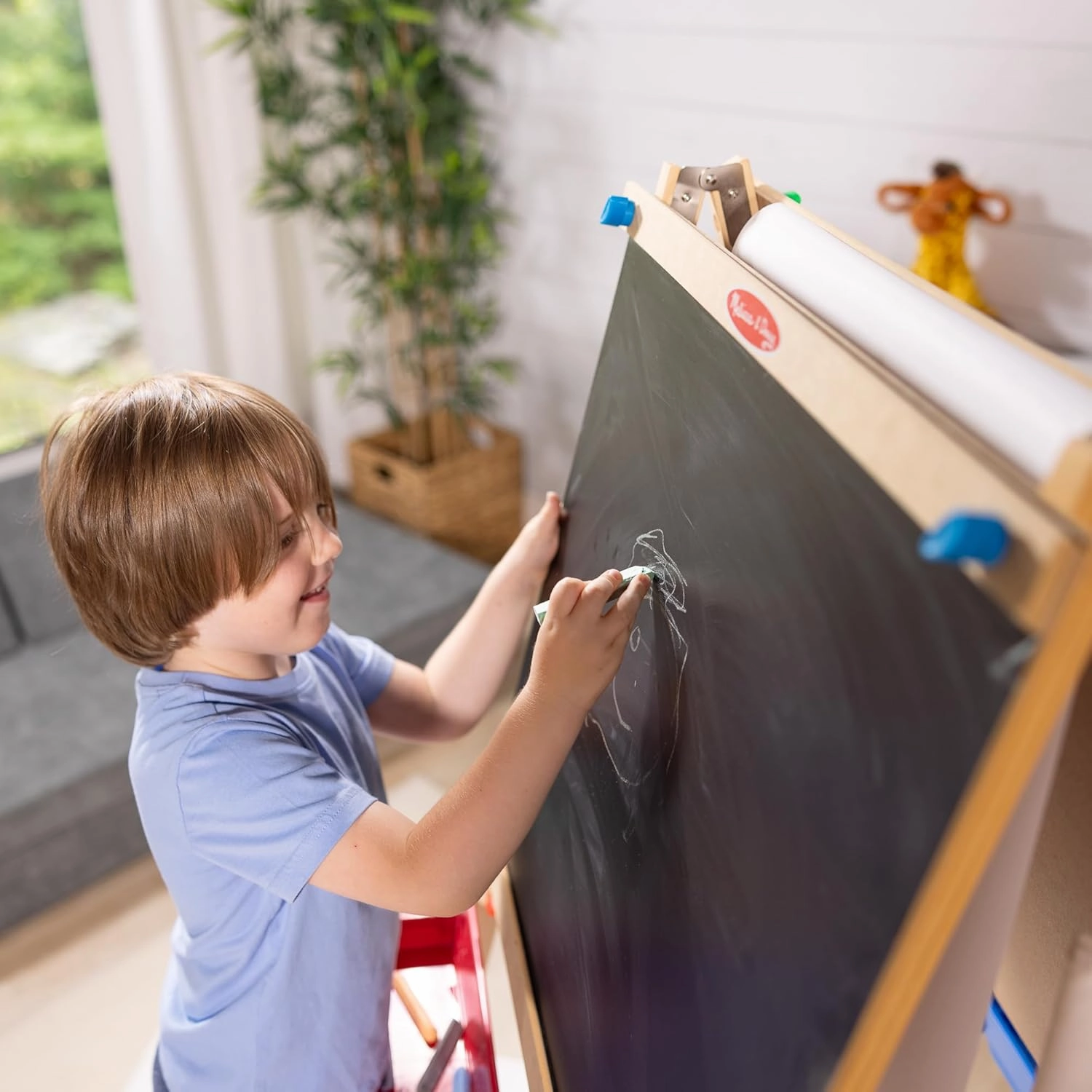Melissa & Doug Deluxe Standing Art Easel - Dry-Erase Board, Chalkboard, Paper Roller - FSC Certified