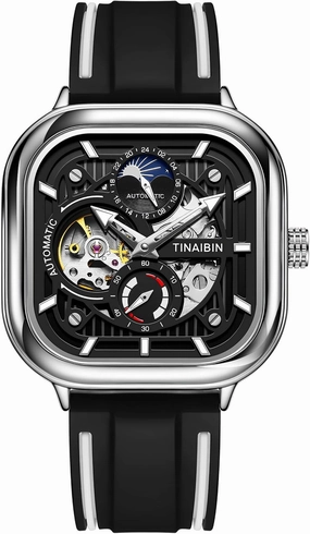 Men's Fully Automatic Mechanical Watch Tourbillon Hollow Out Creative Rectangular Dial 24-hour Moon Phase Window Independent Second Hand Waterproof Noctilucent Men's Casual Business Mechanical Watch
