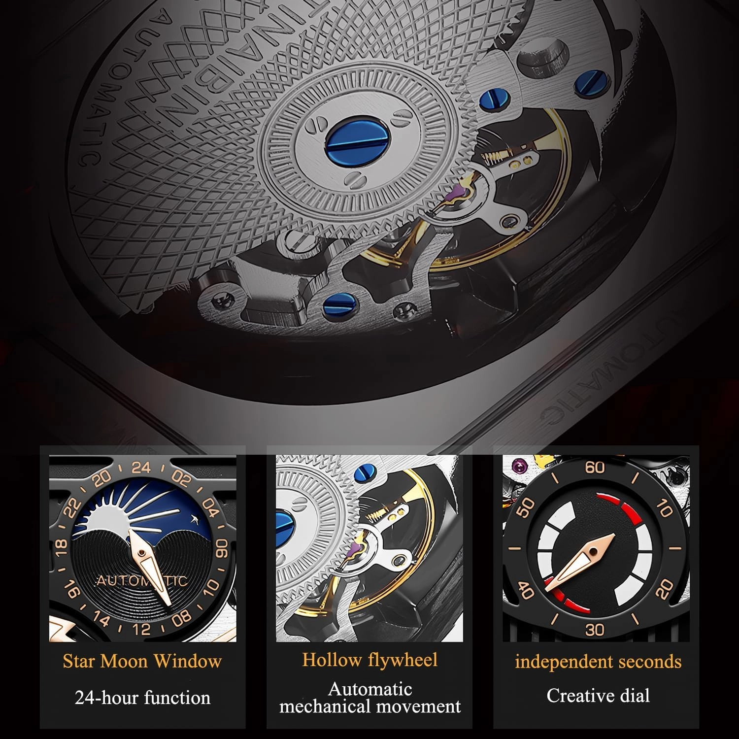 Men's Fully Automatic Mechanical Watch Tourbillon Hollow Out Creative Rectangular Dial 24-hour Moon Phase Window Independent Second Hand Waterproof Noctilucent Men's Casual Business Mechanical Watch