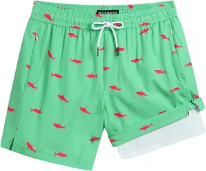 Mens 5" Swim Trunks with Compression Liner, Quick Dry Stretch Beach Shorts w/Zipper Pockets Board Shorts