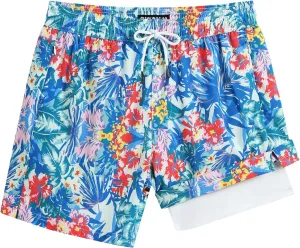 Mens 5" Swim Trunks with Compression Liner, Quick Dry Stretch Beach Shorts w/Zipper Pockets Board Shorts