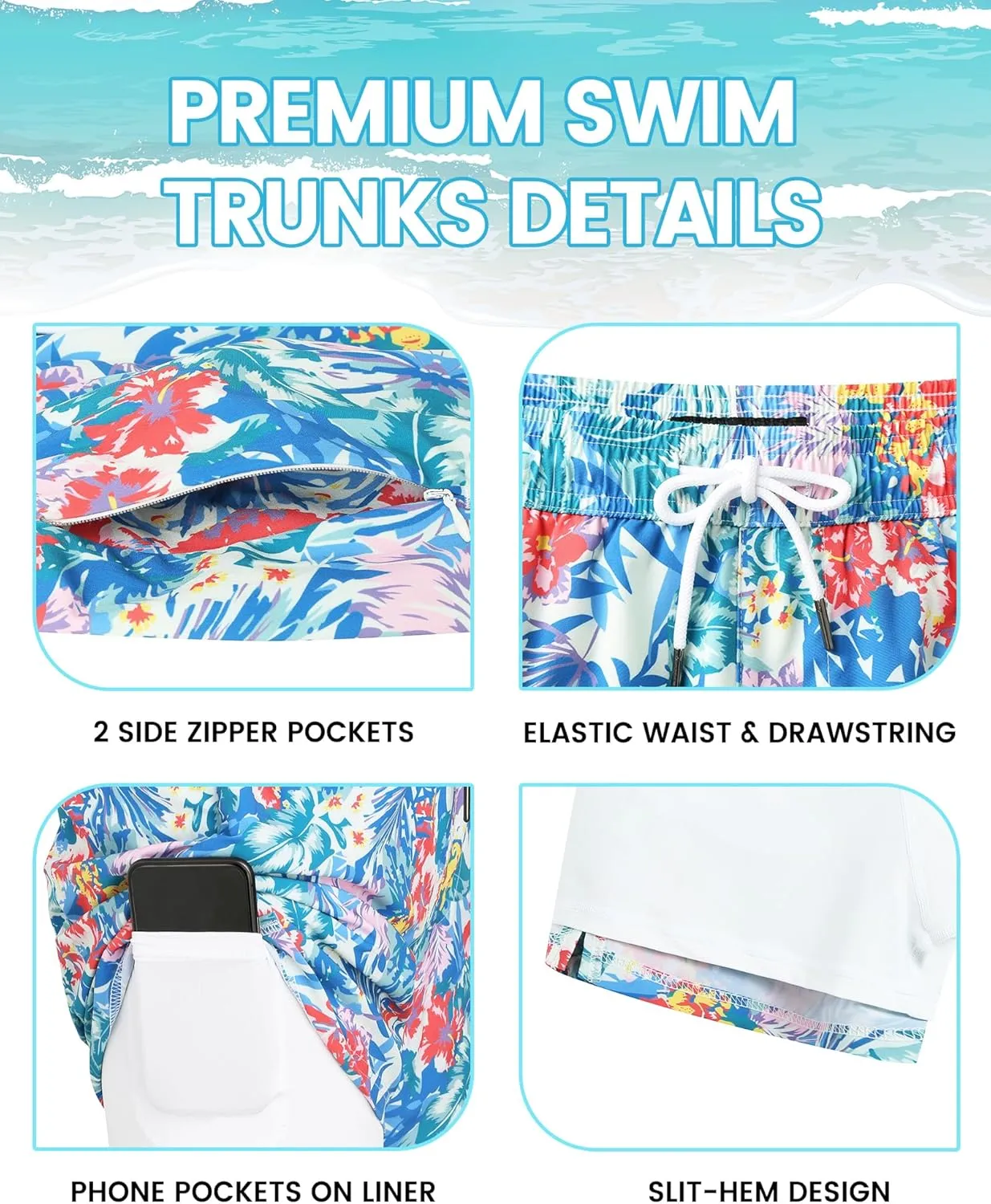 Mens 5" Swim Trunks with Compression Liner, Quick Dry Stretch Beach Shorts w/Zipper Pockets Board Shorts