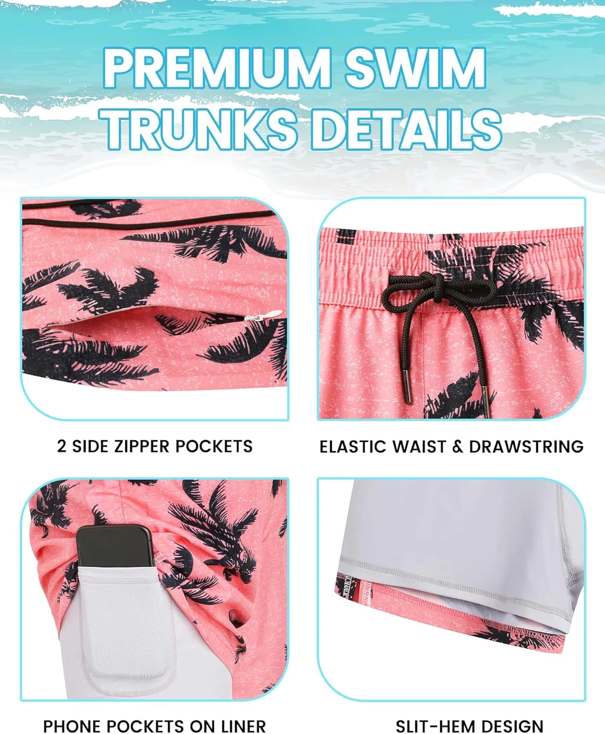 Mens 5" Swim Trunks with Compression Liner, Quick Dry Stretch Beach Shorts w/Zipper Pockets Board Shorts